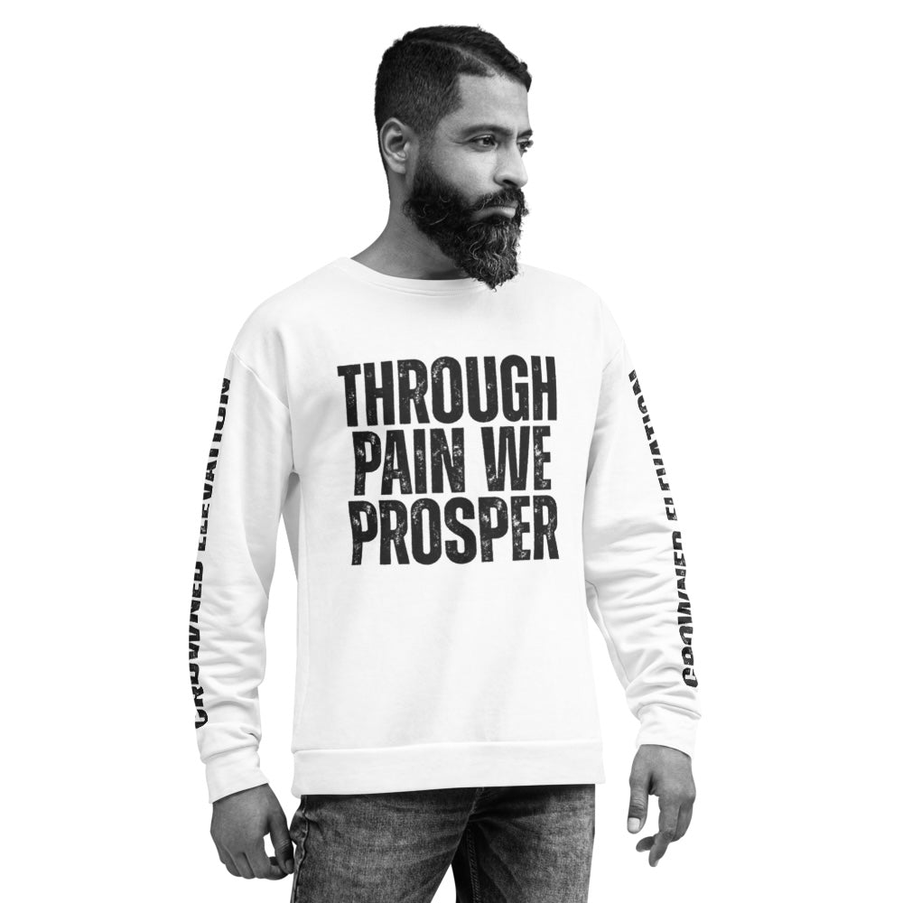 Through Pain We Prosper | Romans Unisex White Sweatshirt